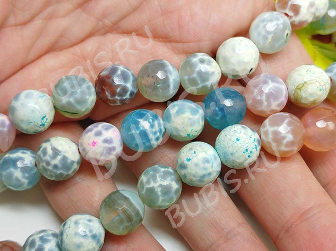 (ОПТ) Бусина округлая ГРАНЁНАЯ 10мм Агат кракле Огненный микс пастельный (камни) (НИТЬ)