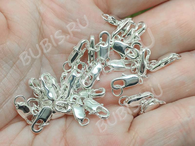 Замочек карабин №062 посеребрённый с колечками 14*4*2,5мм серебристый (Sterling Silver Plated)