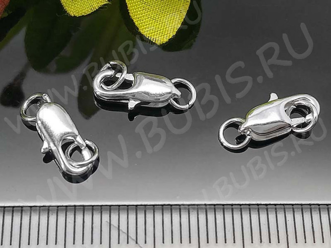 Замочек карабин №062 посеребрённый с колечками 14*4*2,5мм серебристый (Sterling Silver Plated)