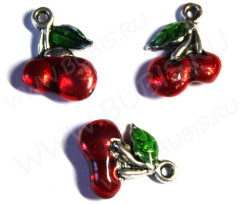 Подвеска Вишенки 04 двусторонняя 18*13*5мм красная с зелёным (цветные подвески)