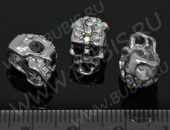 Бусина Шамбала 18 Череп со стразами 13*9*7,5мм цвет платины и прозрачный с АВ (металл и стекло)