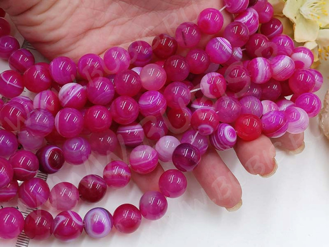 (ОПТ) Бусина округлая ГЛАДКАЯ 12мм Агат Мадагаскарский фуксия с молочным (камни) (НИТЬ)