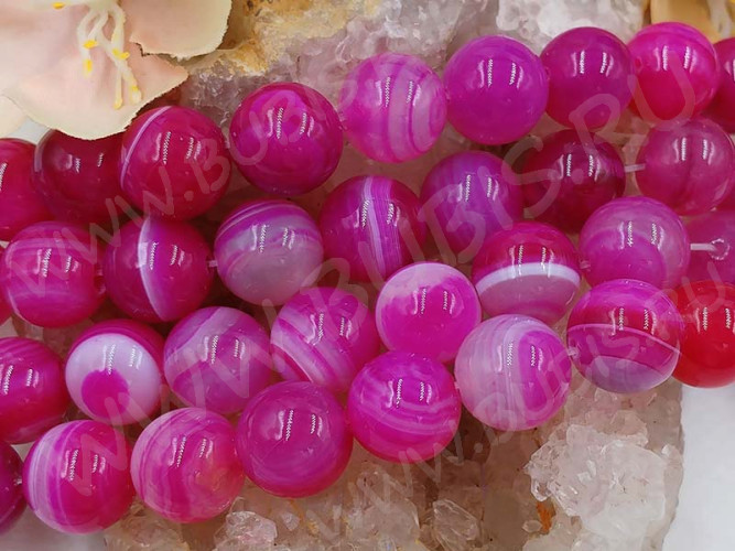 (ОПТ) Бусина округлая ГЛАДКАЯ 12мм Агат Мадагаскарский фуксия с молочным (камни) (НИТЬ)