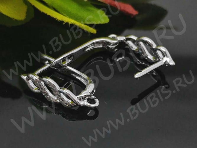 Швензы с английским замком №44 серебро с пробой 925 и кубическим цирконием 18,5*11*5,5мм цвет платины и прозрачный (Sterling Silver с родиевым покрытием) (1 пара)