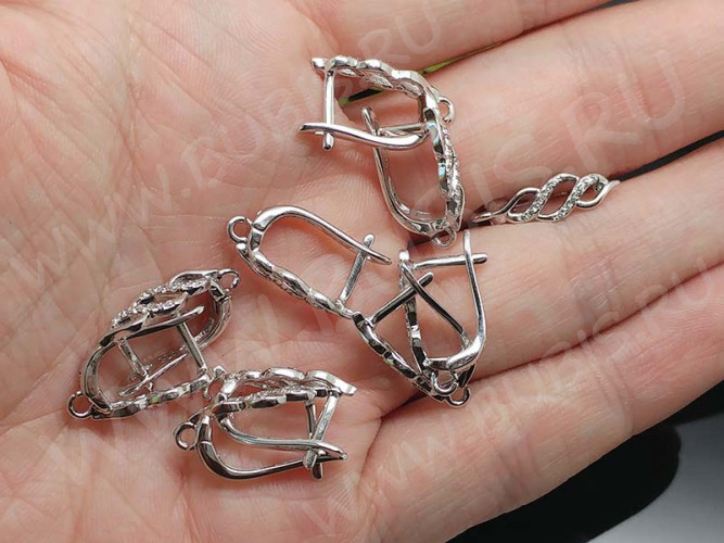 Швензы с английским замком №44 серебро с пробой 925 и кубическим цирконием 18,5*11*5,5мм цвет платины и прозрачный (Sterling Silver с родиевым покрытием) (1 пара)