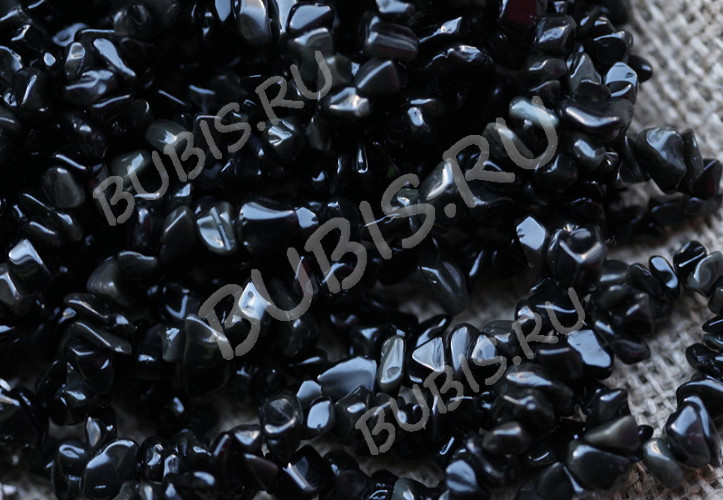 Крошка (галтовка) каменная 044 5-9мм Обсидиан чёрный натуральный (камни) (нить прим. 43-45см)