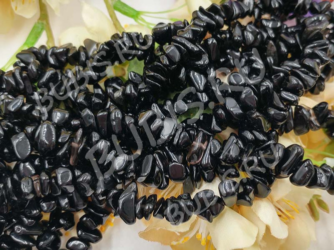 Крошка (галтовка) каменная 044 5-9мм Обсидиан чёрный натуральный (камни) (нить прим. 43-45см)