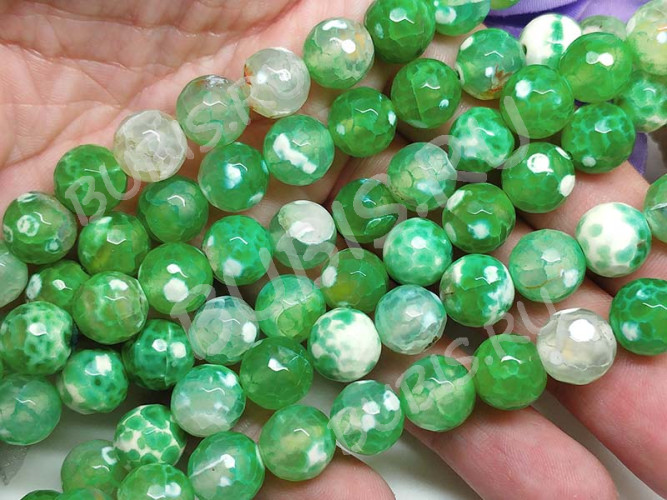 (ОПТ) Бусина округлая ГРАНЁНАЯ 10мм Агат кракле Огненный зелено-молочный (камни) (НИТЬ)