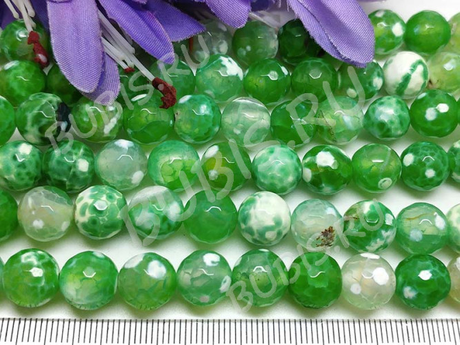 (ОПТ) Бусина округлая ГРАНЁНАЯ 10мм Агат кракле Огненный зелено-молочный (камни) (НИТЬ)