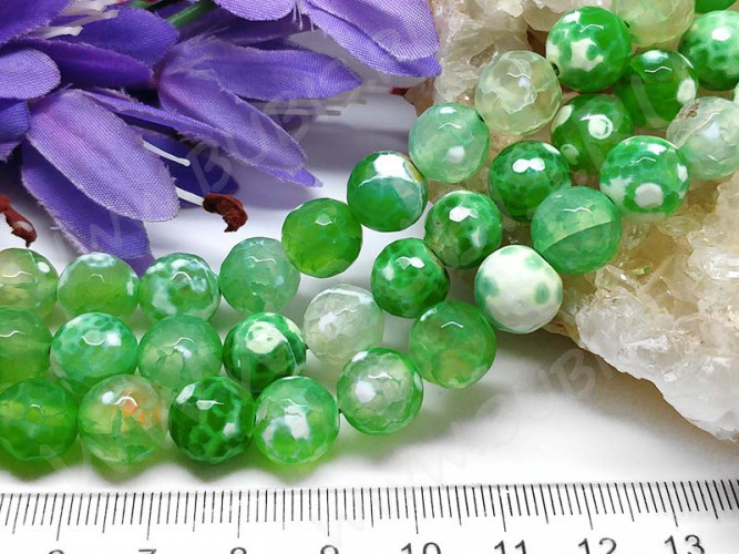 (ОПТ) Бусина округлая ГРАНЁНАЯ 10мм Агат кракле Огненный зелено-молочный (камни) (НИТЬ)