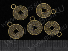 (СКИДКИ!!!) Подвеска Монета 02 двусторонняя с иероглифами 12*9,5*0,8мм античная бронза (литьё) (10ШТ.)