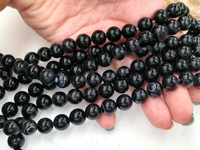 (ОПТ) Бусина округлая ГЛАДКАЯ 10мм Агат Мадагаскарский чёрный (камни) (НИТЬ)