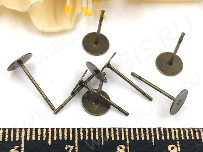 (СКИДКИ!!!) Пуссеты ("гвоздики") №081 с платформой 6мм 12*6*6мм античная бронза (хирургическая сталь+Brass) (10 ПАР)
