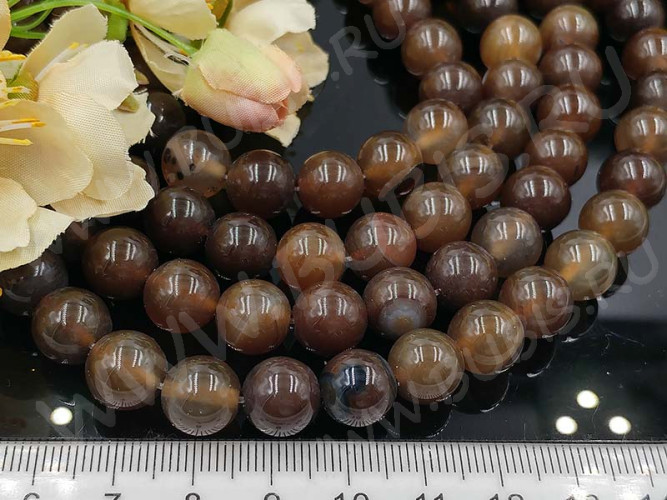 (ОПТ) Бусина округлая ГЛАДКАЯ 10мм Агат коричнево-болотный (камни) (НИТЬ)