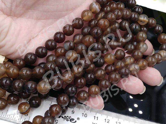 (ОПТ) Бусина округлая ГЛАДКАЯ 10мм Агат коричнево-болотный (камни) (НИТЬ)