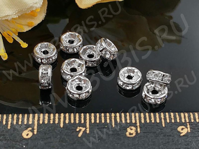 Рондель со стразами 08 круглый с фианитами 5*5*2,3мм цвет платины и прозрачный (Brass и стекло)(10шт)