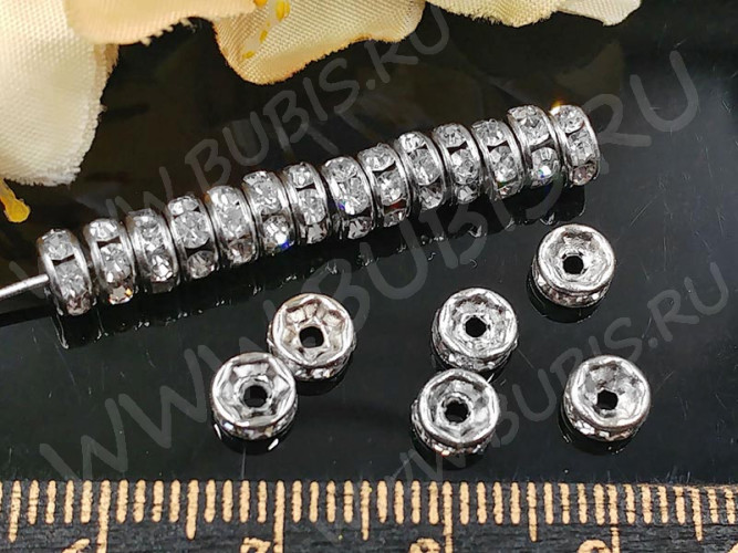Рондель со стразами 08 круглый с фианитами 5*5*2,3мм цвет платины и прозрачный (Brass и стекло)(10шт)