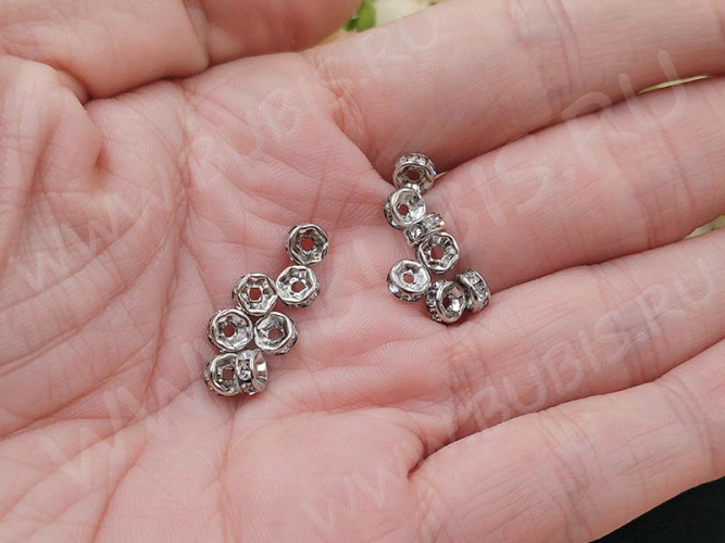 Рондель со стразами 08 круглый с фианитами 5*5*2,3мм цвет платины и прозрачный (Brass и стекло)(10шт)