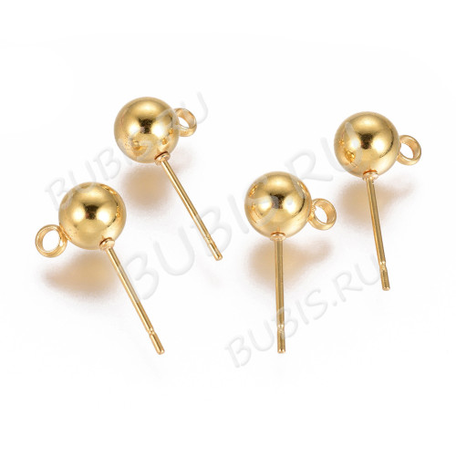 Пуссеты ("гвоздики") №210-G с шариком 6мм и петелькой 17*9*0,7мм Real Gold Plated 18K золотистые (Хирургическая сталь) (1 пара)