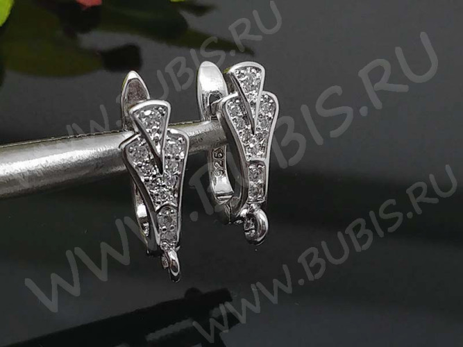 Швензы с английским замком №45 серебро с пробой 925 и кубическим цирконием 18*11,5*6мм цвет платины и прозрачный (Sterling Silver с родиевым покрытием) (1 пара)