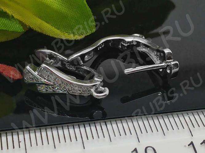 Швензы с английским замком №45 серебро с пробой 925 и кубическим цирконием 18*11,5*6мм цвет платины и прозрачный (Sterling Silver с родиевым покрытием) (1 пара)