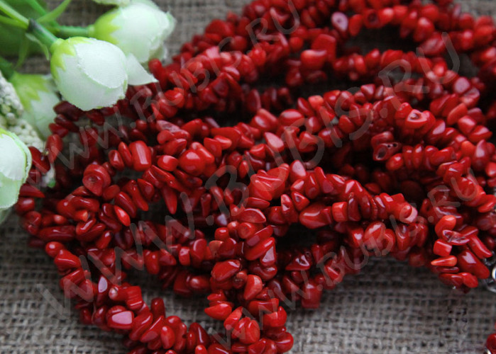 Крошка (галтовка) каменная 081 5-9мм Коралл красно-оранжевый натуральный (камни) (нить прим.45см)