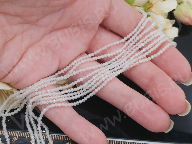 (ОПТ) Бусина округлая ГРАНЁНАЯ "каменный бисер" 2мм Лунный камень натуральный (камни LUX) (НИТЬ)