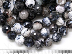 (ОПТ) Бусина округлая ГРАНЁНАЯ 10мм Агат кракле Огненный бело-серо-чёрный (камни) (НИТЬ)