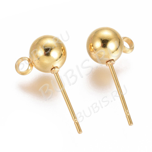 Пуссеты ("гвоздики") №176-G с шариком 5мм и петелькой 16*8*0,7мм Real Gold Plated 18K золотистые (Хирургическая сталь) (1 пара)