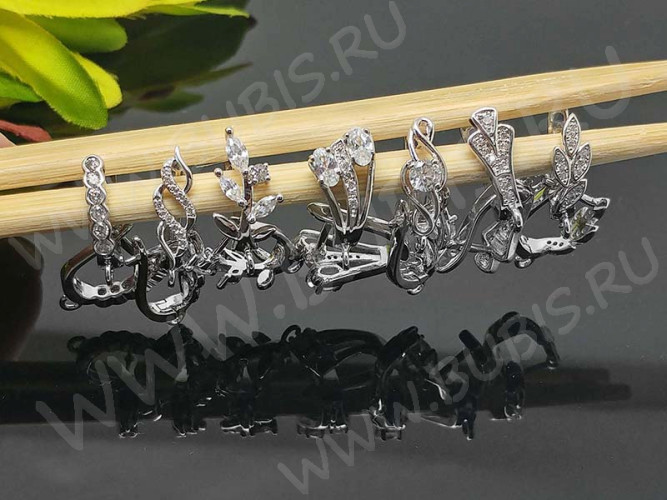 Швензы с английским замком №47 серебро с пробой 925 и кубическим цирконием 18*12,5*6мм цвет платины и прозрачный с АВ (Sterling Silver с родиевым покрытием) (1 пара)