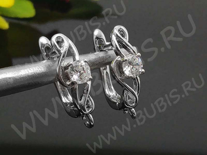 Швензы с английским замком №47 серебро с пробой 925 и кубическим цирконием 18*12,5*6мм цвет платины и прозрачный с АВ (Sterling Silver с родиевым покрытием) (1 пара)