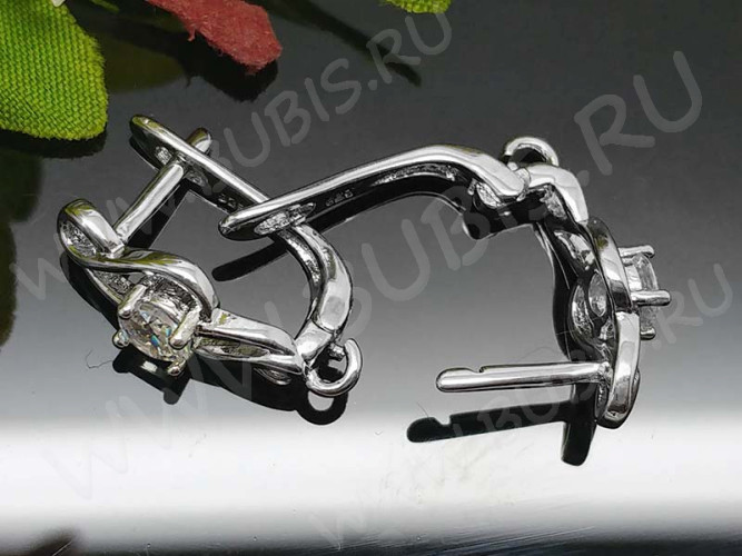 Швензы с английским замком №47 серебро с пробой 925 и кубическим цирконием 18*12,5*6мм цвет платины и прозрачный с АВ (Sterling Silver с родиевым покрытием) (1 пара)