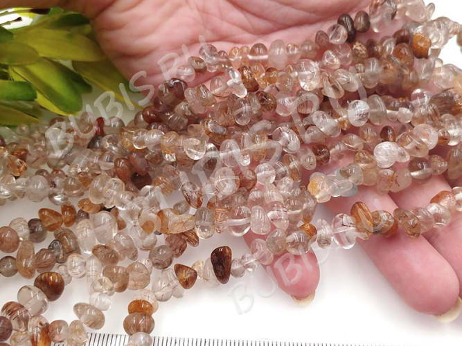 Крошка (галтовка) каменная 187 округлая 5-19мм Рутиловый Кварц тёмный натуральный (камни) (нить 43-45см)