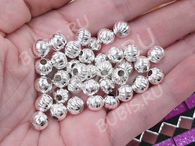 (СКИДКИ!!!) Бусина металлическая Шарик "Тыковка" 8*8*7мм серебристый (Iron) (10шт)