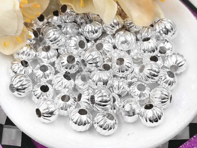 (СКИДКИ!!!) Бусина металлическая Шарик "Тыковка" 8*8*7мм серебристый (Iron) (10шт)