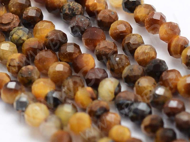 (ОПТ) Бусина округлая ГРАНЁНАЯ "каменный бисер" 2мм Тигровый глаз (камни LUX) (НИТЬ)