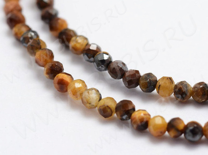 (ОПТ) Бусина округлая ГРАНЁНАЯ "каменный бисер" 2мм Тигровый глаз (камни LUX) (НИТЬ)