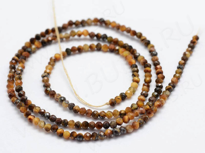 (ОПТ) Бусина округлая ГРАНЁНАЯ "каменный бисер" 2мм Тигровый глаз (камни LUX) (НИТЬ)