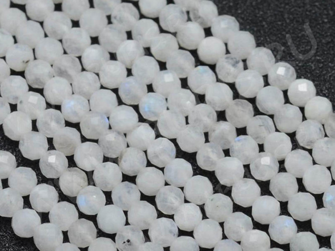 (ОПТ) Бусина округлая ГРАНЁНАЯ "каменный бисер" 3мм Лунный камень натуральный (камни LUX) (НИТЬ)