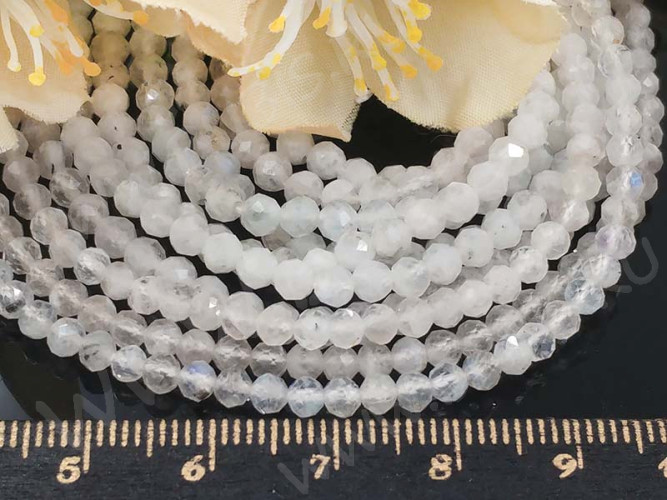 (ОПТ) Бусина округлая ГРАНЁНАЯ "каменный бисер" 3мм Лунный камень натуральный (камни LUX) (НИТЬ)