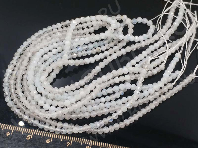 (ОПТ) Бусина округлая ГРАНЁНАЯ "каменный бисер" 3мм Лунный камень натуральный (камни LUX) (НИТЬ)