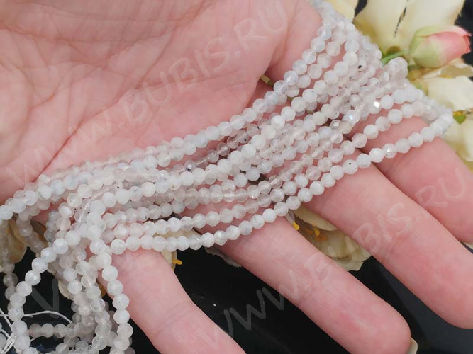 (ОПТ) Бусина округлая ГРАНЁНАЯ "каменный бисер" 3мм Лунный камень натуральный (камни LUX) (НИТЬ)