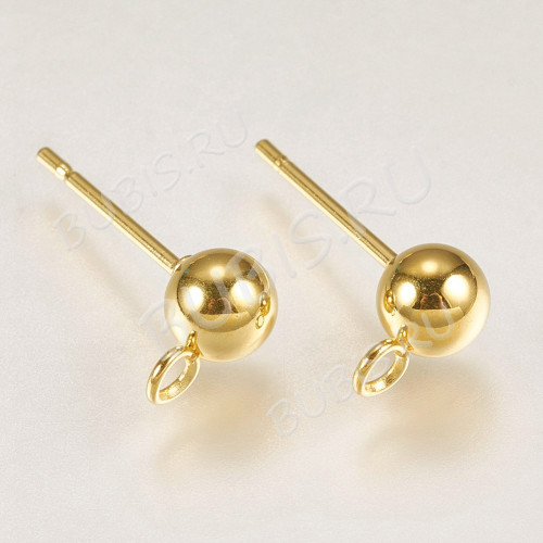 Пуссеты ("гвоздики") №211-G с шариком 5мм и петелькой 16*8*0,7мм Real Gold Plated 18K золотистые (Хирургическая сталь) (1 пара)