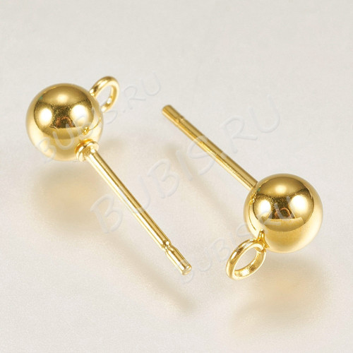 Пуссеты ("гвоздики") №211-G с шариком 5мм и петелькой 16*8*0,7мм Real Gold Plated 18K золотистые (Хирургическая сталь) (1 пара)