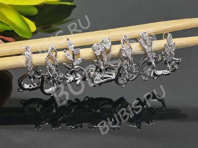 Швензы с английским замком №48 серебро с пробой 925 и кубическим цирконием 18*12*8,5мм цвет платины и прозрачный (Sterling Silver с родиевым покрытием) (1 пара)