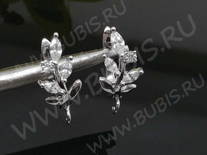 Швензы с английским замком №48 серебро с пробой 925 и кубическим цирконием 18*12*8,5мм цвет платины и прозрачный (Sterling Silver с родиевым покрытием) (1 пара)