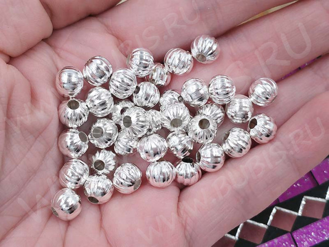 (ОПТ) Бусина металлическая Шарик "Тыковка" 8*8*7мм серебристый (Iron) (50шт.)