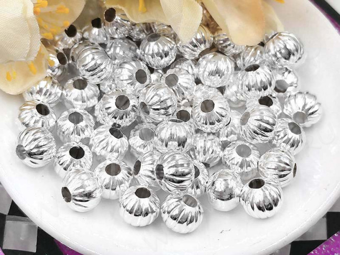 (ОПТ) Бусина металлическая Шарик "Тыковка" 8*8*7мм серебристый (Iron) (50шт.)