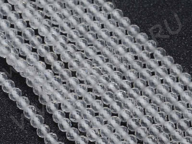 (ОПТ) Бусина округлая ГРАНЁНАЯ "каменный бисер" 3мм Кварц (камни LUX) (НИТЬ)