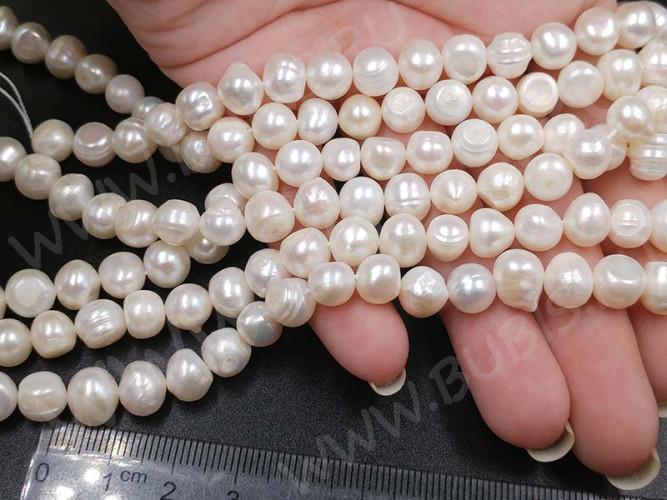 (ОПТ) Бусина Жемчуг 46 пресноводный фриформ 7-8мм белый натуральный (камни) (нить 35-36см)